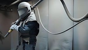 Worker in full protective gear handling industrial sandblasting equipment inside a controlled environment, preparing for a task such as sand blasting paint off wood or metal surfaces. 
