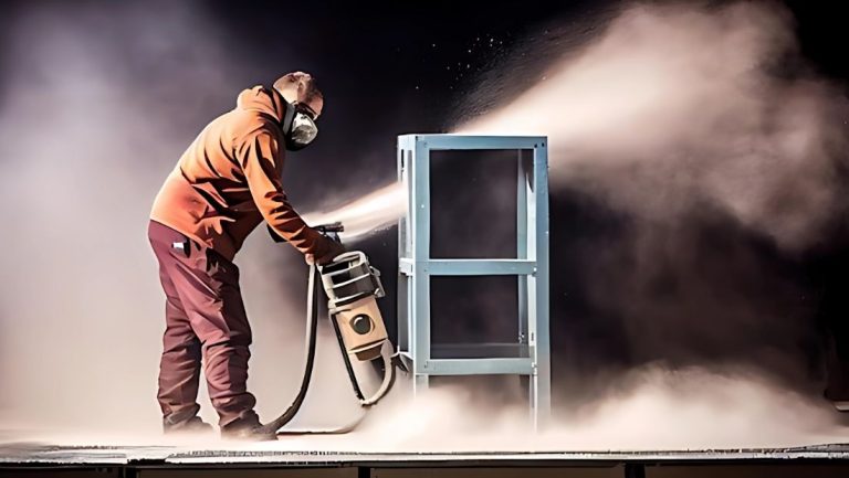 A worker wearing protective gear uses a high-pressure machine to apply sandblasting sand on a metal furniture frame, creating a cloud of dust in a controlled environment.
