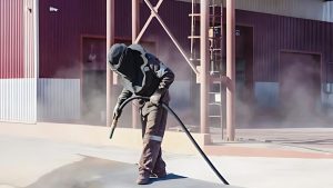 Worker wearing a full protective suit while performing sandblasting outdoors, illustrating the sandblasting definition through the use of high-pressure abrasive blasting to clean a large metal or concrete surface.