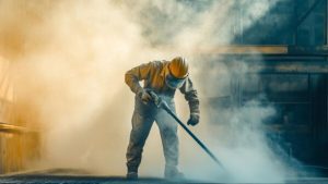 Worker in protective gear performing heavy-duty cleaning process, ideal for truck frame sandblasting near me services.