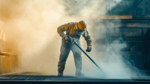Worker in full protective gear performing sandblasting in my area