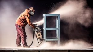 Worker performing local sandblasting on a metal structure outdoors, using a hose to apply abrasive material for surface preparation.