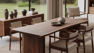 Modern wooden dining room with minimalist furniture, polished surfaces cleaned using walnut shells for sandblasting wood.