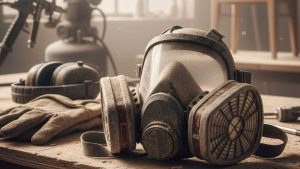 Protective respirator mask, gloves, and ear muffs covered in dust after using a sandblaster for wood furniture in a workshop.