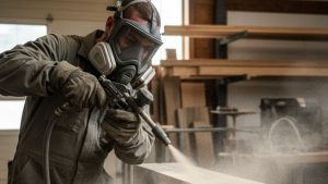 Worker wearing protective gear and mask while sandblasting a wooden surface, illustrating the process discussed in the topic “does sandblasting damage wood.