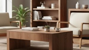 Modern living room with wooden furniture including a table, chairs, and shelves, representing smooth finishes relevant to the topic “does sandblasting damage wood.