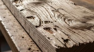 Close-up of weathered wood surface showing natural grain and texture cleaned with walnut shells for sandblasting wood.