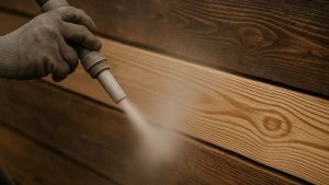 A worker sandblasting wood to remove the dark finish, showing the process of can you sandblast wood.