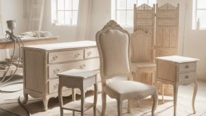 Restored wooden chairs, tables, and dressers in a workshop after cleaning with a sandblaster for wood furniture.