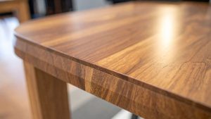 Smooth wooden table surface after refinishing, showing the result of restoration and answering can you sandblast wood.