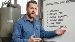 A man explaining sandblasting cost factors, including size/area, material type, coating thickness, abrasive used, labor hours, and equipment rental, addressing how much does sandblasting cost.