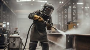 Worker in full protective gear sandblasting a steel beam inside an industrial workshop.