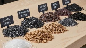 Different types of abrasive media used in sandblasting, including glass beads, aluminum oxide, walnut shells, steel grit, and copper slag, demonstrating the materials discussed in the topic “what is sandblasting.”