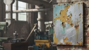 A weathered aluminum panel with peeling paint and rust spots mounted on a brick wall inside an industrial workshop.
