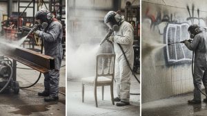 Worker in protective gear using a sandblasting machine to clean metal, wood furniture, and remove graffiti from a wall.