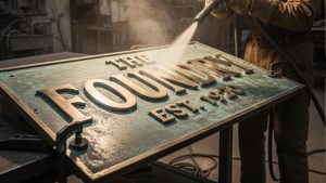 Worker performing sandblasting on a metal sign, cleaning and restoring the surface, as part of the process explained in the topic “what is sandblasting.”