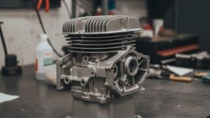 Rust-covered metal engine block on a workshop table, used to demonstrate surface cleaning in a tutorial about how does a sandblaster work.