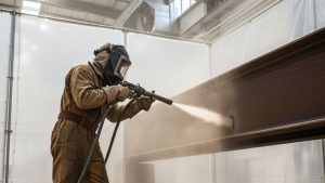 Worker wearing protective gear while performing sandblasting on a steel beam, demonstrating the process explained in the topic “what is sandblasting