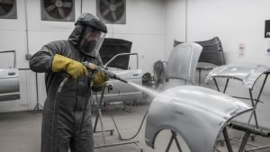 A technician using dustless sandblasting equipment to clean and strip automotive parts, demonstrating what is dustless sandblasting in a professional workshop.