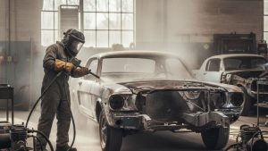 Sandblaster for car restoration stripping paint and rust from a classic car body during a professional auto restoration process.