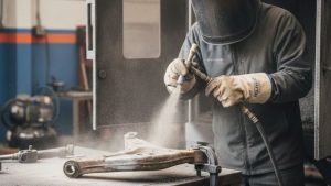 A man wearing protective gear sandblasting a car part in a workshop, demonstrating the process involved in the average cost to sandblast a car.