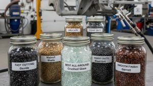 Various blasting media in labeled jars, including crushed glass, steel grit, walnut shells, garnet, and oxide, used for different car sandblasting jobs in an auto restoration shop.