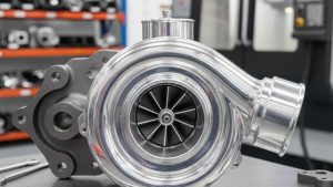 Close-up of a precision-machined turbocharger component with a clean, matte metal finish, similar to parts used on a sandblasted car during automotive restoration or performance upgrades.