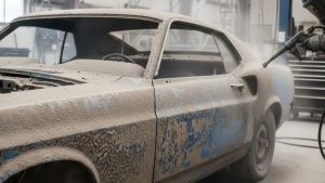 Classic muscle car body being stripped of old paint and rust during the sandblasting process, showing a sandblasted car inside an automotive restoration workshop.