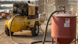 A yellow air compressor connected to a red sandblasting machine at a construction site, with workers and scaffolding visible in the background