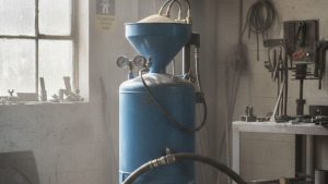 Industrial sandblasting machine with pressure gauges and hose inside an automotive workshop, used to prepare metal surfaces on a sandblasted car before painting or restoration.
