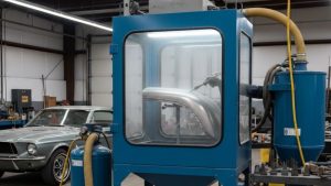 Enclosed sandblaster for car restoration cleaning and stripping paint from a classic car body panel inside an automotive workshop.