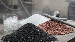 Various blasting media, including coal slag, glass beads, and garnet, for sandblasting car frames.