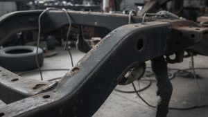 Close-up of a rusty vehicle chassis before sandblasting car frame restoration in an auto workshop.