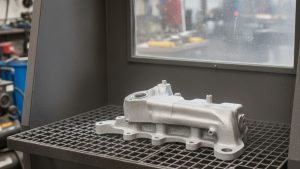 A freshly sandblasted metal car part displayed inside a blasting cabinet, showing a clean, smooth finish after car sandblasting.