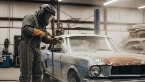 Sandblasting car paint to remove rust and old layers in a workshop, showcasing the process of automotive restoration.