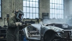 Technician wearing protective gear sandblasting car frame to remove rust and old paint inside an automotive workshop.