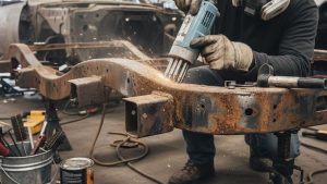 A technician uses a power tool to remove heavy rust from a vehicle frame, creating sparks during a car sandblasting and restoration process.