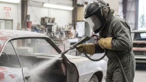 Sandblast car paint to remove rust and old layers in a workshop, showcasing the process of automotive sandblasting.