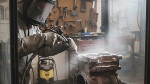 A worker wearing protective gear is performing car sandblasting near me on a rusty automotive part, showcasing the process of cleaning and restoring metal surfaces.