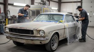 Two workers are performing car sandblasting near me on a classic car, preparing it for restoration by removing rust and old paint, ensuring a clean surface for refinishing.