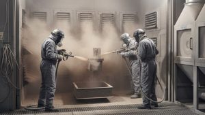 Workers in protective gear operating sandblasting equipment in a blasting booth, spraying abrasive media, likely aluminum oxide, to clean and prepare surfaces in a controlled environment