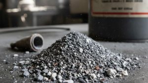 Close-up of black abrasive material, resembling crushed stone or gravel, used as aluminum oxide sandblasting media for heavy-duty surface cleaning and preparation.