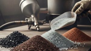 Sandblasting media piles on a workbench, including glass beads, aluminum oxide, and steel grit, used for surface preparation and abrasive blasting.