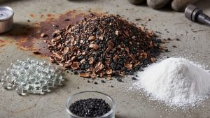 Sandblasting media examples on a work surface, including glass beads, walnut shells, steel grit, and soda, used for cleaning and surface preparation.