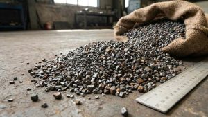 Steel grit blasting media piled on an industrial floor, showing angular steel grit particles used for surface preparation and abrasive blasting.