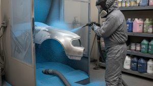 Operator using plastic sandblasting media to strip paint from an automotive body panel inside a contained blasting cabinet