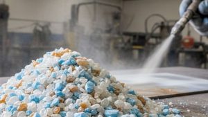 Close-up of plastic sandblasting media pellets used for controlled surface cleaning and coating removal in an industrial blasting process