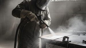 A worker using crushed glass sandblasting media to clean a metal surface, with the fine particles of sandblasting media spraying from the nozzle in a dusty workshop environment.