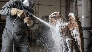 A worker using crushed glass sandblasting media to clean a metal bird sculpture, showing the fine particles of glass dust spraying from the nozzle while wearing protective gear.