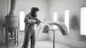 Technician using plastic sandblasting media to strip paint from an automotive body panel inside a controlled blasting booth